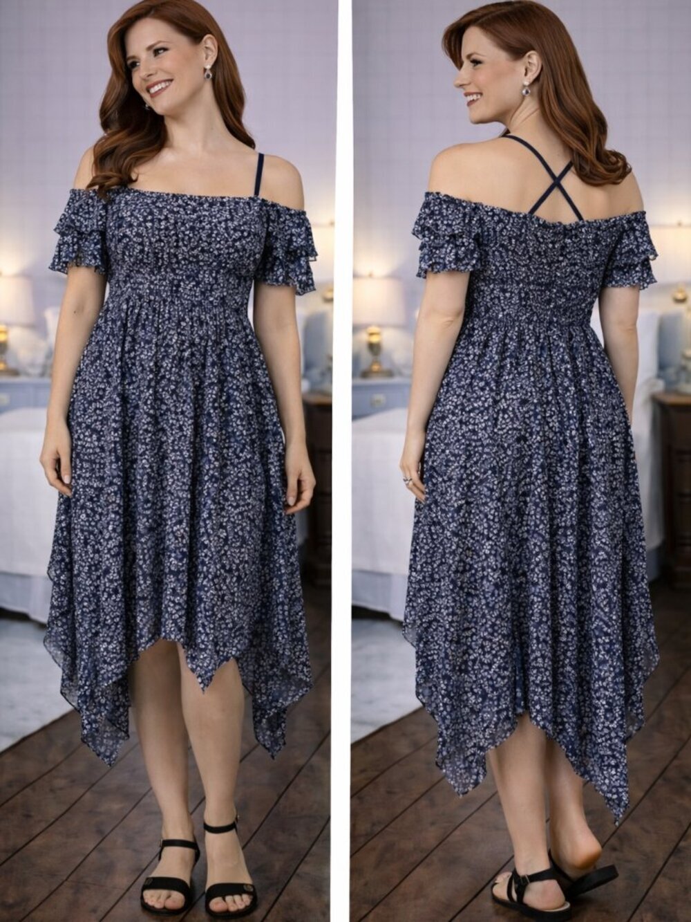 Ulla Johnson Jesse Navy Blue Floral Bohemian Midi Dress $495